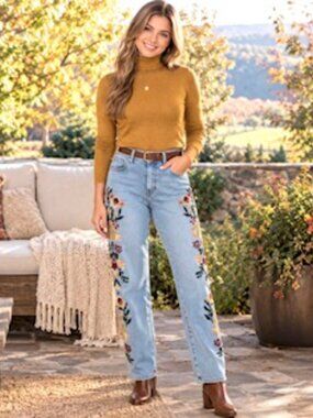 Sandpiper Petite Floral Embroidered Jeans - 8 petite